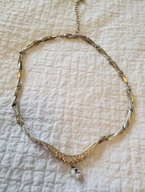 Silver-toned Necklace With Curved Rhinestone Set Piece And Dangling Crystal Drop